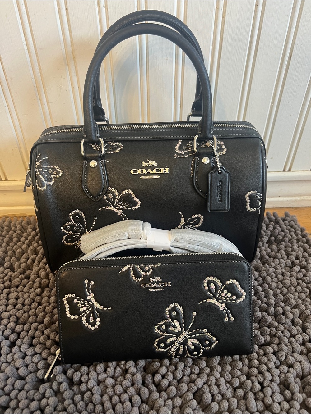 Coach Rowan Black Satchel and Wallet, Limited Edition Crystal Butterfly Motif